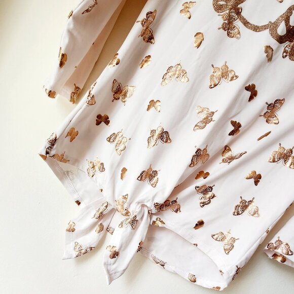 Jenna & Jessie LILY BLEU Big Girls Love Tie Front Gold Butterflies Top in Ivory - Picture 7 of 13
